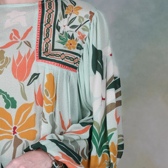 Blnk London Botanical Sage Balloon Sleeves Miranda Peasant Blouse Size Small - Picture 15 of 16